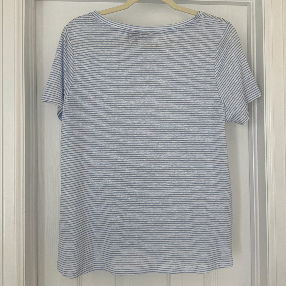 Tahari Blue White 100% Linen Striped Knot Twist Front Tee Size Medium - Picture 6 of 10